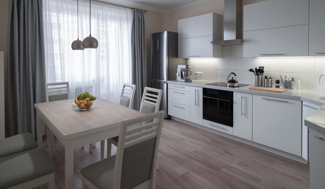 Kitchen and dining area with vinyl flooring